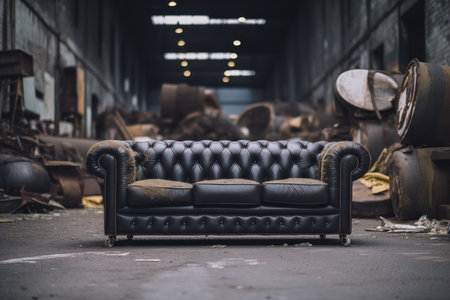 Old black leather sofa in an abandoned industrial building. Dark background.の素材