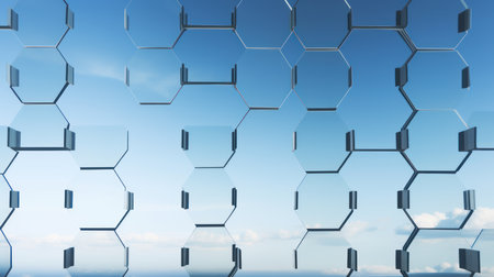 Background image with hexagons against blue sky with clouds 3d renderingの素材