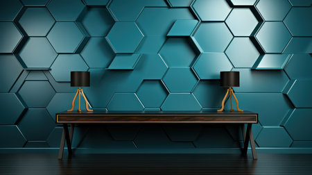 Interior of modern room with dark blue hexagonal pattern. 3D renderingの素材