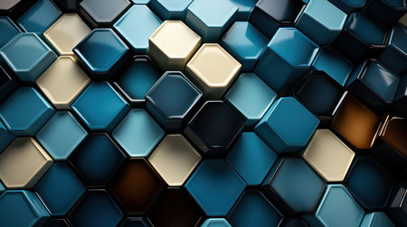3d rendering of abstract metallic background with hexagons in blue and brown colorsの素材