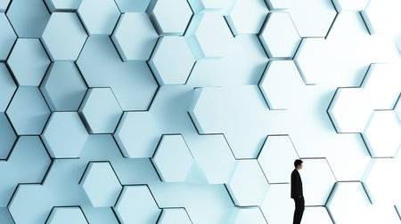 Businessman standing in front of hexagons. 3D Renderingの素材