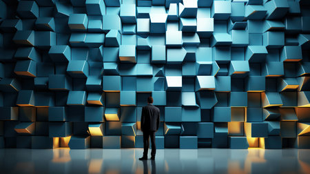 Businessman standing in front of abstract blue cube wall. 3D Renderingの素材