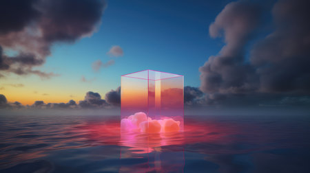 3d render of cube in the sea with clouds and sunset backgroundの素材