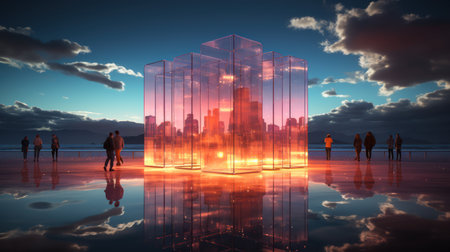 Silhouettes of people in front of a glass cube on the background of the cityの素材