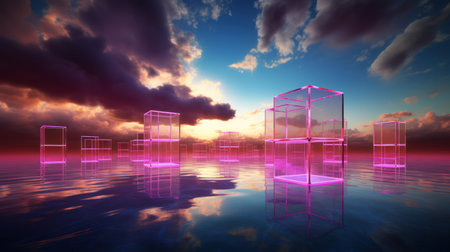 3d render of transparent cubes on water surface with sunset sky backgroundの素材