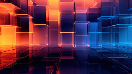 abstract scene with glowing cubes in blue and orange colors. 3d renderingの素材