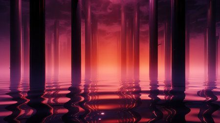 Pillars in the sky reflected in the water. 3d renderの素材