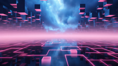 Futuristic technological background with glowing lines and cubes. 3d renderingの素材