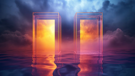 Door in the sea at sunset. 3d render illustration.の素材