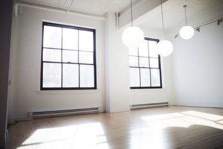 interior of modern bright empty room with white walls and wooden floorの素材