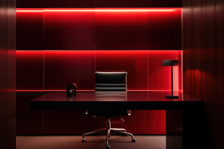 Modern office interior with furniture and red lighting. 3D Renderingの素材