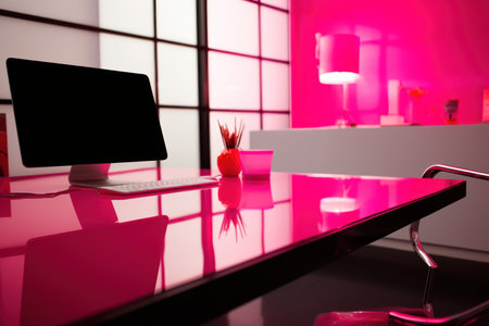Interior of modern office with black table and computer. 3d renderの素材