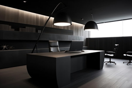 Contemporary office interior with wooden floor and black walls. 3d renderの素材
