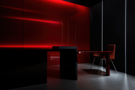 Interior of modern office with red and black walls, concrete floor, black computer table and chair. 3d renderingの素材