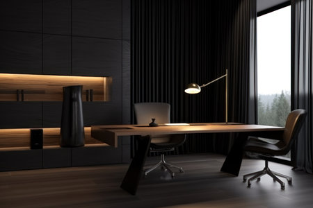 Interior of modern office with black and wooden walls, wooden floor, comfortable computer table and chair. 3d renderingの素材