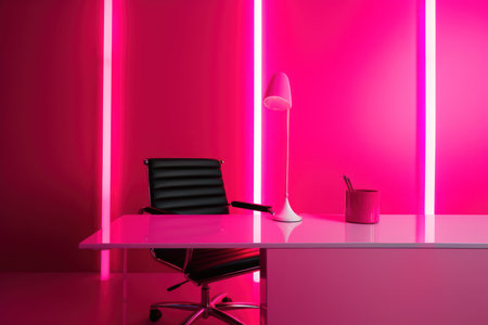 Modern office interior with pink neon light. Workplace concept. 3D Renderingの素材