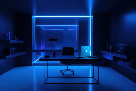 Interior of modern office with blue neon light. 3D renderingの素材
