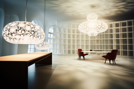 Interior of a modern conference room with a wooden table and chairs. 3d renderの素材