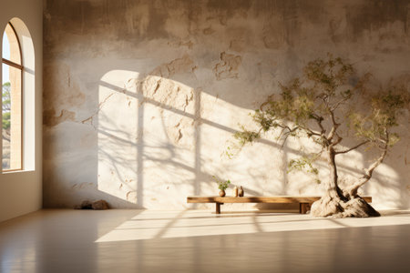 interior of a room with a wooden bench and a tree. 3d renderingの素材