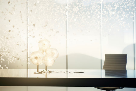 Close up of office interior with equipment and falling snow. 3D Renderingの素材