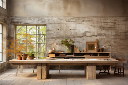 Interior of a modern office with wooden furniture. 3d renderingの素材