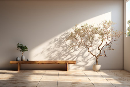Minimalistic living room interior with wooden bench and plant. 3D Renderingの素材