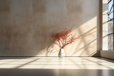 3d render of vase with red flowers in a modern roomの素材