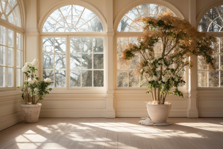 Interior of a living room with white flowers in a vaseの素材