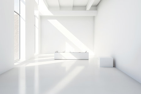 White bathroom interior with a white bathtub standing on a white floor. 3d rendering mock upの素材
