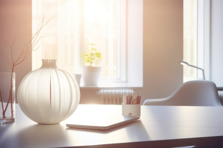 Close up of modern office desktop with blank notepad, coffee cup and other items. Mock up, 3D Renderingの素材