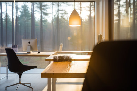 Modern office interior with furniture, furniture and window with morning sunlight.の素材