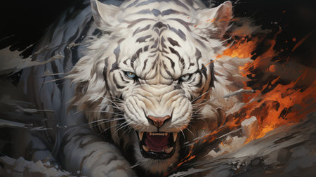 Portrait of a white tiger in a fire and smoke. Illustrationの素材