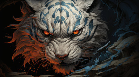 Illustration of a tiger head with a grunge effect and a blue backgroundの素材