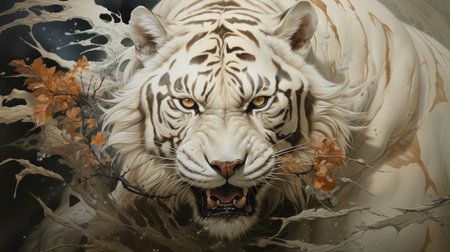 White tiger with autumn leaves and splash of water. Digital painting.の素材