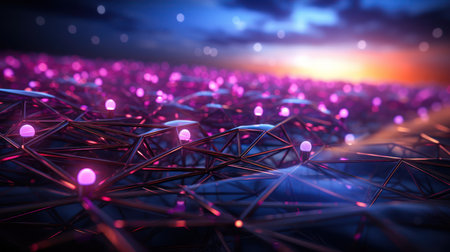 Abstract 3d rendering of chaotic structure. Futuristic background with polygonal wireframe and glowing lights.の素材