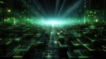 Abstract background with glowing cubes and neon lights, 3d render illustrationの素材