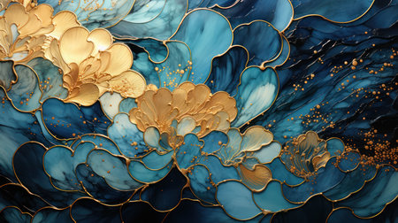 Abstract blue background with golden elements. 3d rendering, 3d illustration.の素材