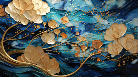 3d render, abstract background with gold flowers and blue water.の素材