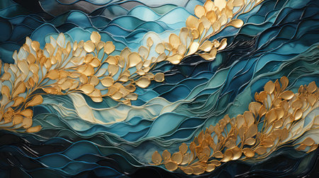 3d render, abstract background, blue and gold waves with gold leavesの素材