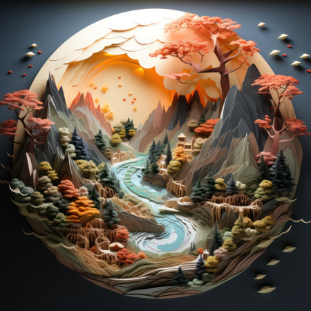 3d illustration of fantasy landscape with mountains, river and forest.の素材