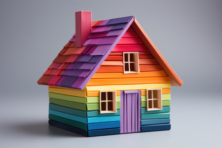 House made of multicolored paper on gray background. 3d renderingの素材