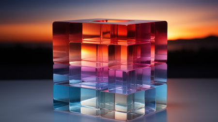 3D illustration of a glass cube in front of a sunset backgroundの素材