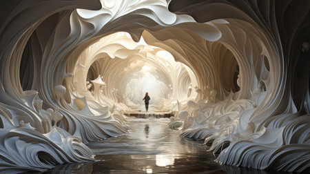 3D rendering of a man walking in a futuristic tunnel with glowing lightの素材