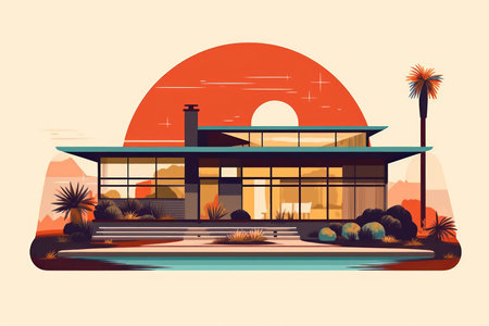Modern house in the desert at sunset. Vector illustration in flat styleの素材