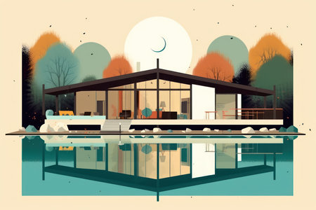 Modern cozy house with pool and parking for sale or rent. Vector illustration.の素材