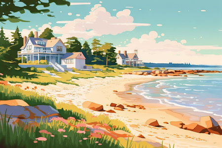 Seascape with a beautiful house on the beach. Vector illustrationの素材