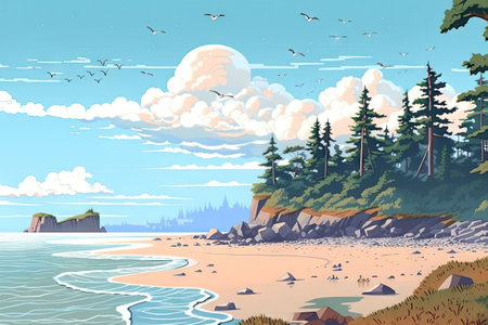 Seascape with sea shore and seagulls. Vector illustrationの素材