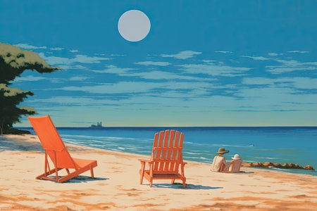 Illustration of a couple relaxing on a tropical beach at sunset.の素材