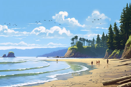 Digital painting of a beach scene with a group of birds flying in the backgroundの素材