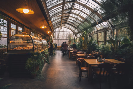 Coffee shop interior with people in the background, vintage toneの素材